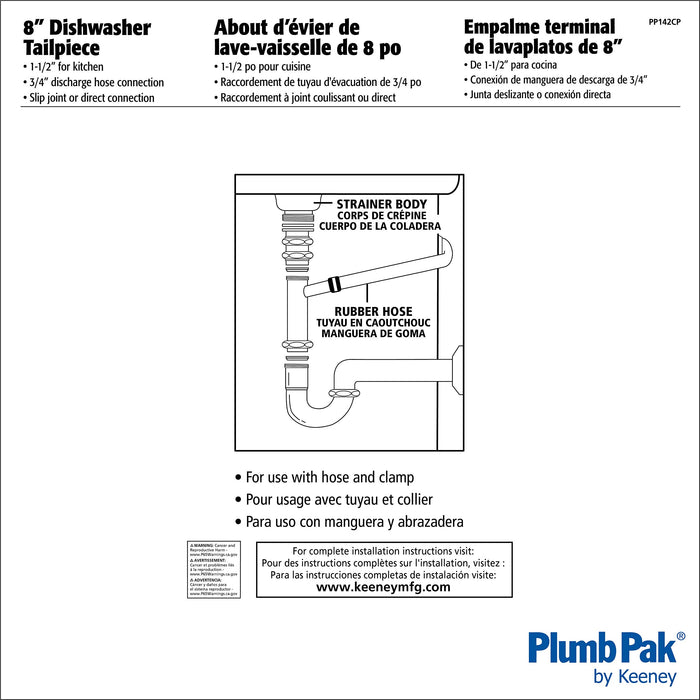 Plumb Pak PP142CP Pp142C Tailpiece, 1-1/2 in Dia X 8 in L, 3/4 in (7/8 in Od Branch, Slip Joint/Direct Connect, 22 Ga