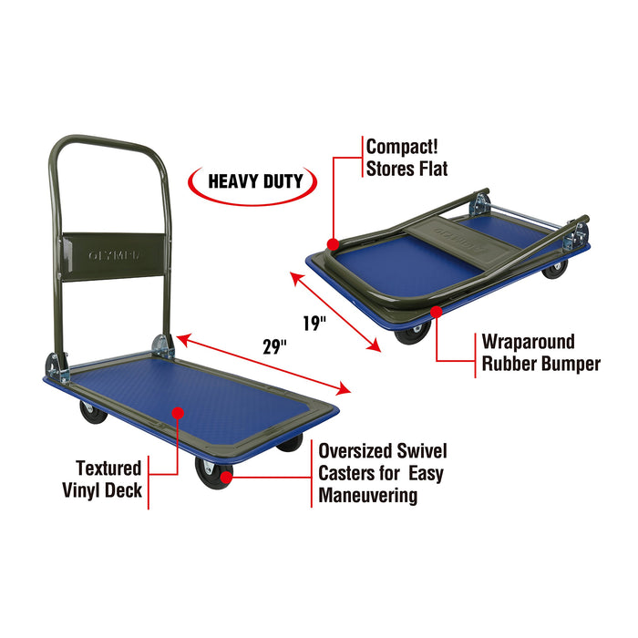 Olympia Tools 85-180 Folding & Rolling Flatbed Cart for Loading, Olive Green with Blue Bumper, 300 Lb. Load Capacity