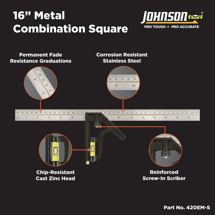 Johnson Level & Tool 420EM-S Heavy Duty Professional Inch/Metric Metal Combination Square, 16", Silver, 1 Square
