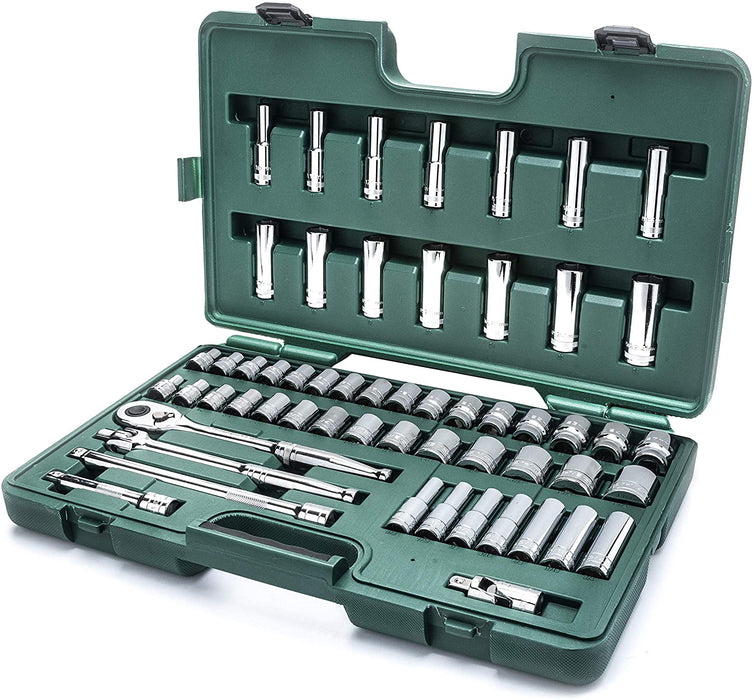 SATA 56-Piece 1/2-Inch Drive SAE and Metric Socket Set, Standard and Deep Sizes, with Ratchet and Other Accessories - ST09008U