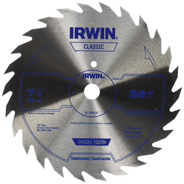 IRWIN Tools Classic Series Steel Corded Framing/Ripping Circular Saw Blade, 7 1/4-inch, 26 Tooth (11040ZR)